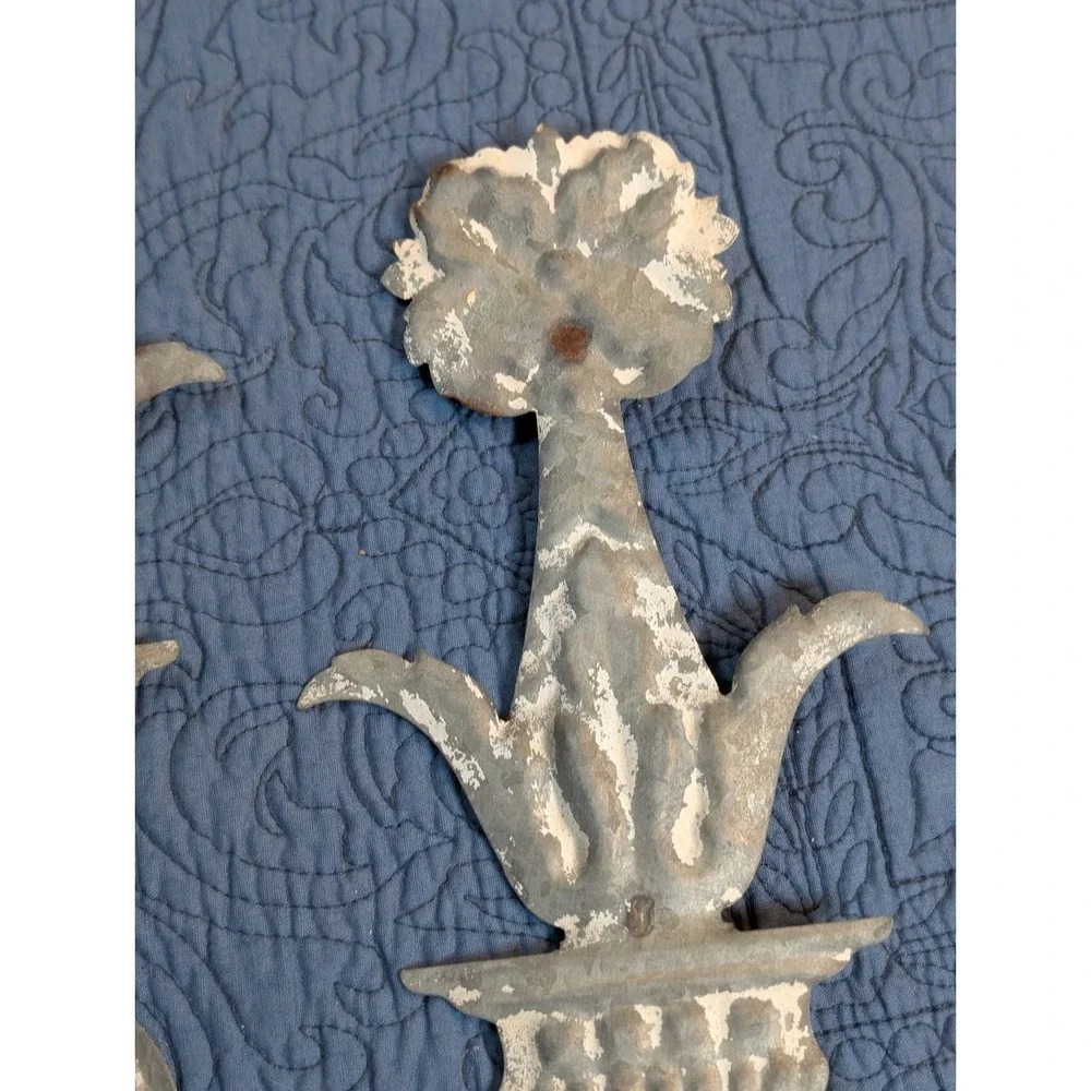 Vintage Embossed Tin Wall Hooks Pair Floral French Country Farmhouse Shabby Chic